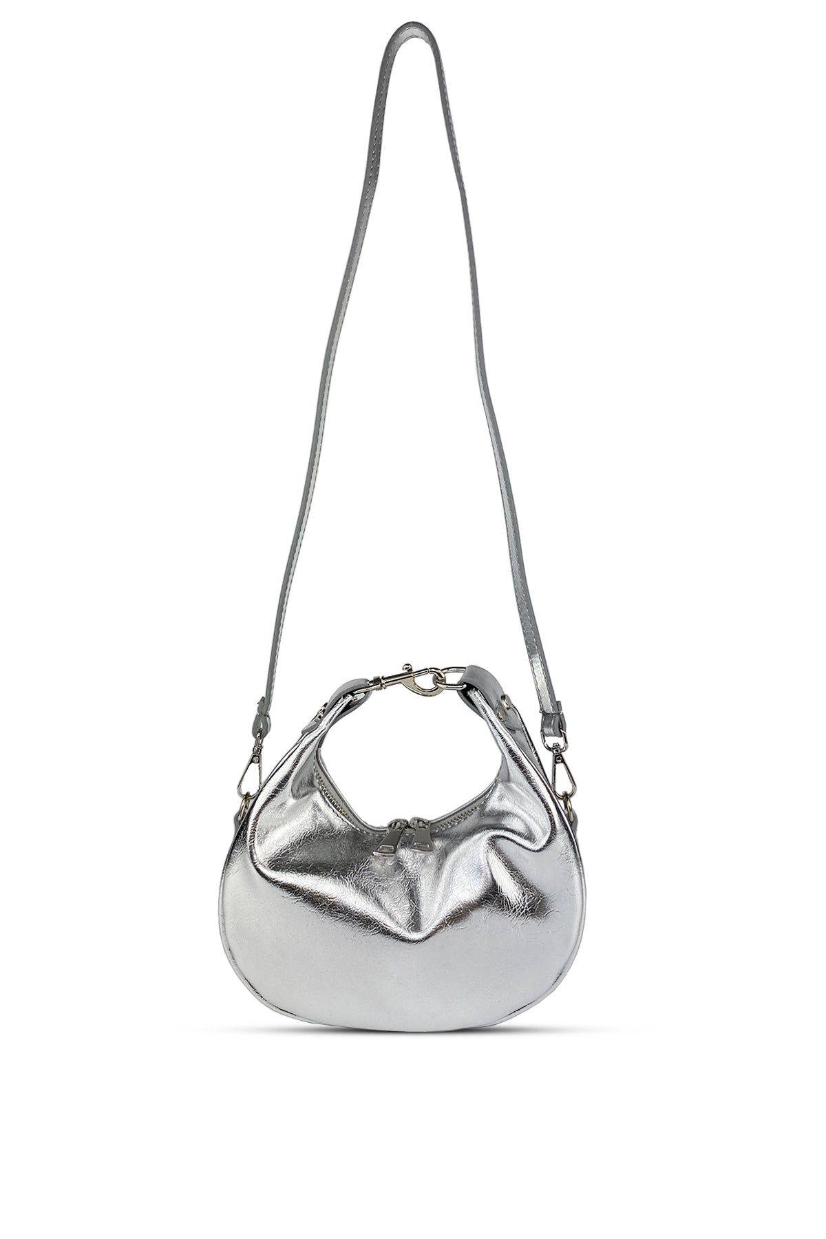 AURA – Metalik Gümüş Oval Formlu Omuz Çantası