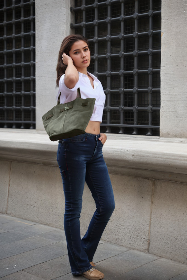 Vivienne | Hakiki Süet Deri Çanta | Zeytin Yeşili