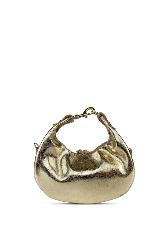 AURA – Metalik Altın Oval Formlu Omuz Çantası