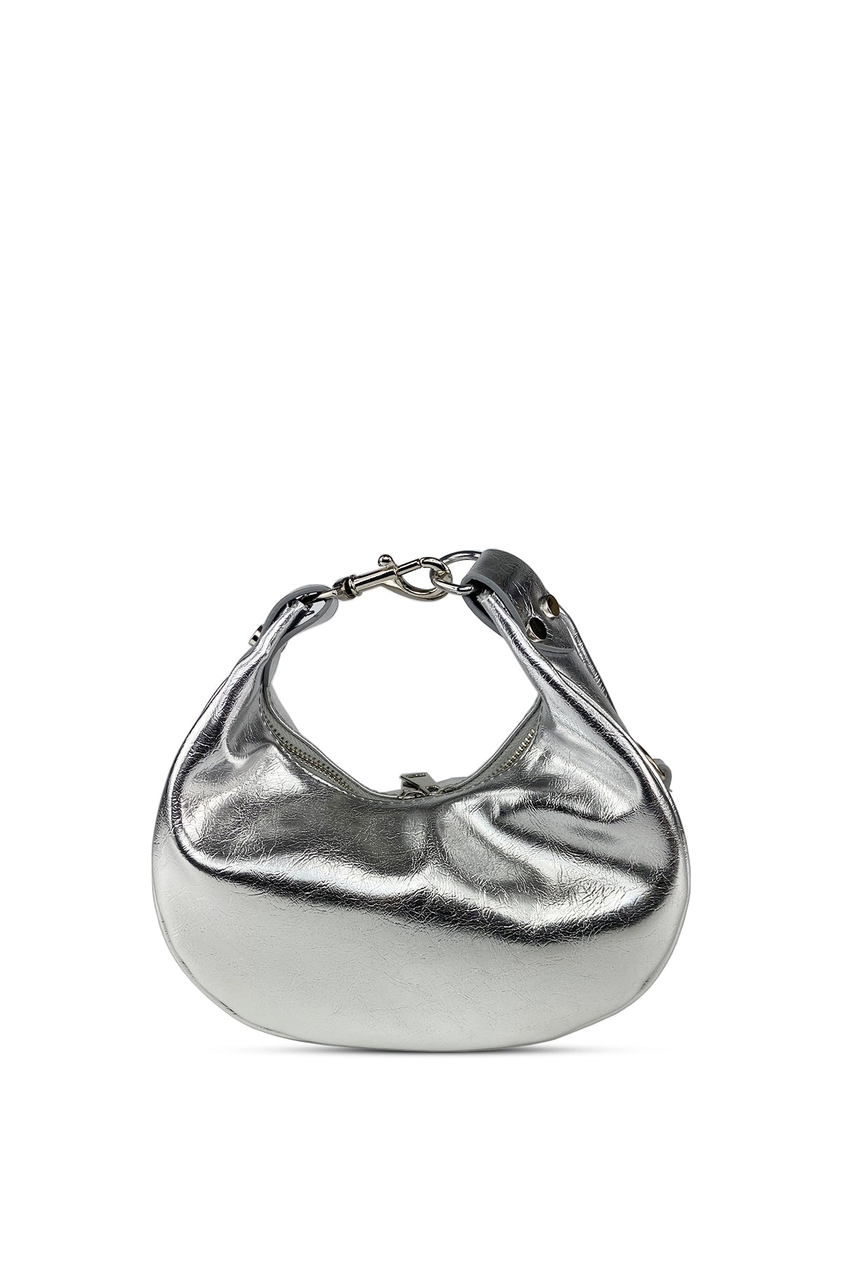 AURA – Metalik Gümüş Oval Formlu Omuz Çantası