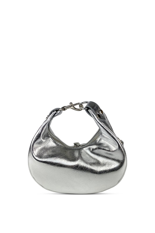 AURA – Metalik Gümüş Oval Formlu Omuz Çantası