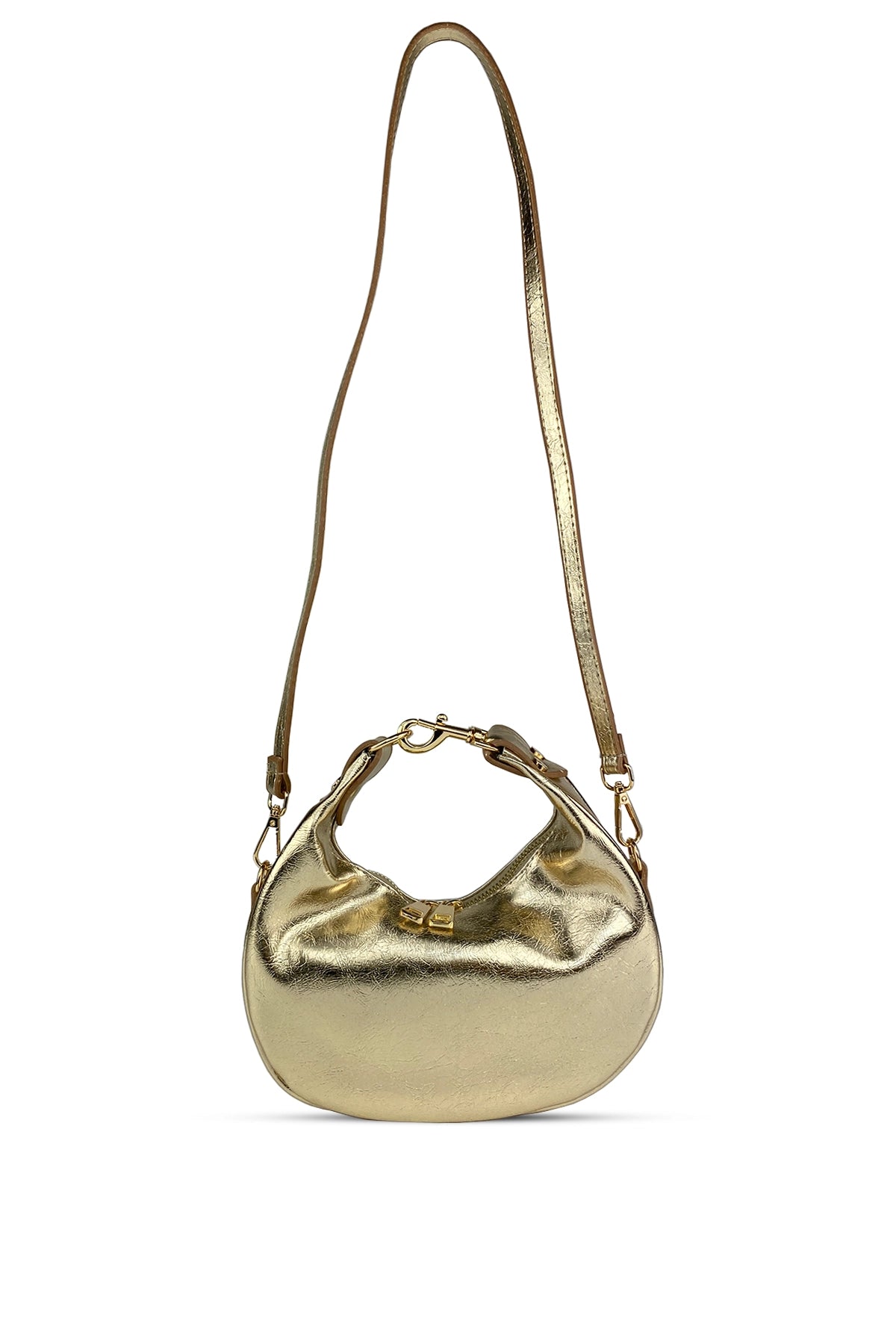 AURA – Metalik Altın Oval Formlu Omuz Çantası