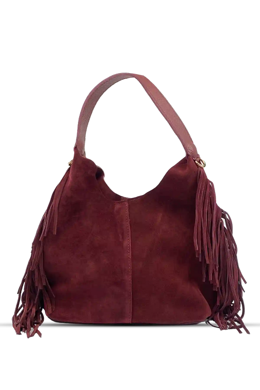 Terra Püsküllü Yavrulu Süet Çanta – Bordo