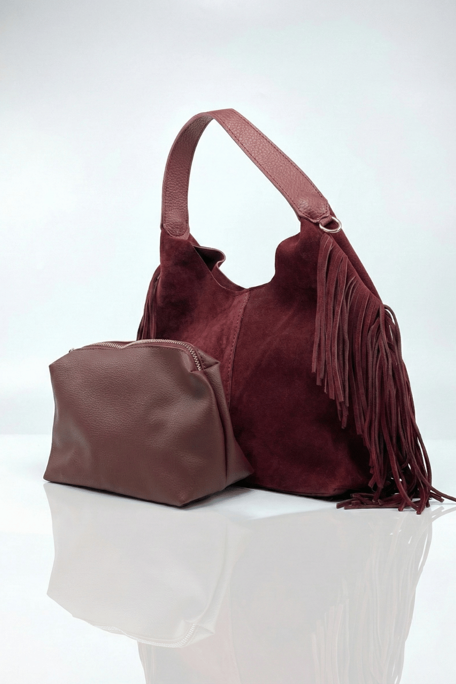 Terra Püsküllü Yavrulu Süet Çanta – Bordo