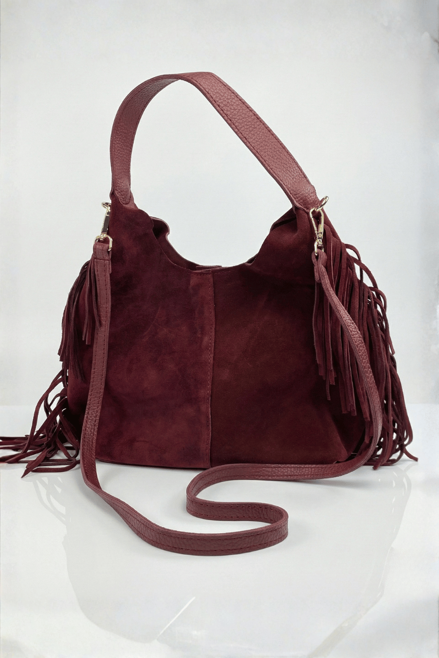 Terra Püsküllü Yavrulu Süet Çanta – Bordo