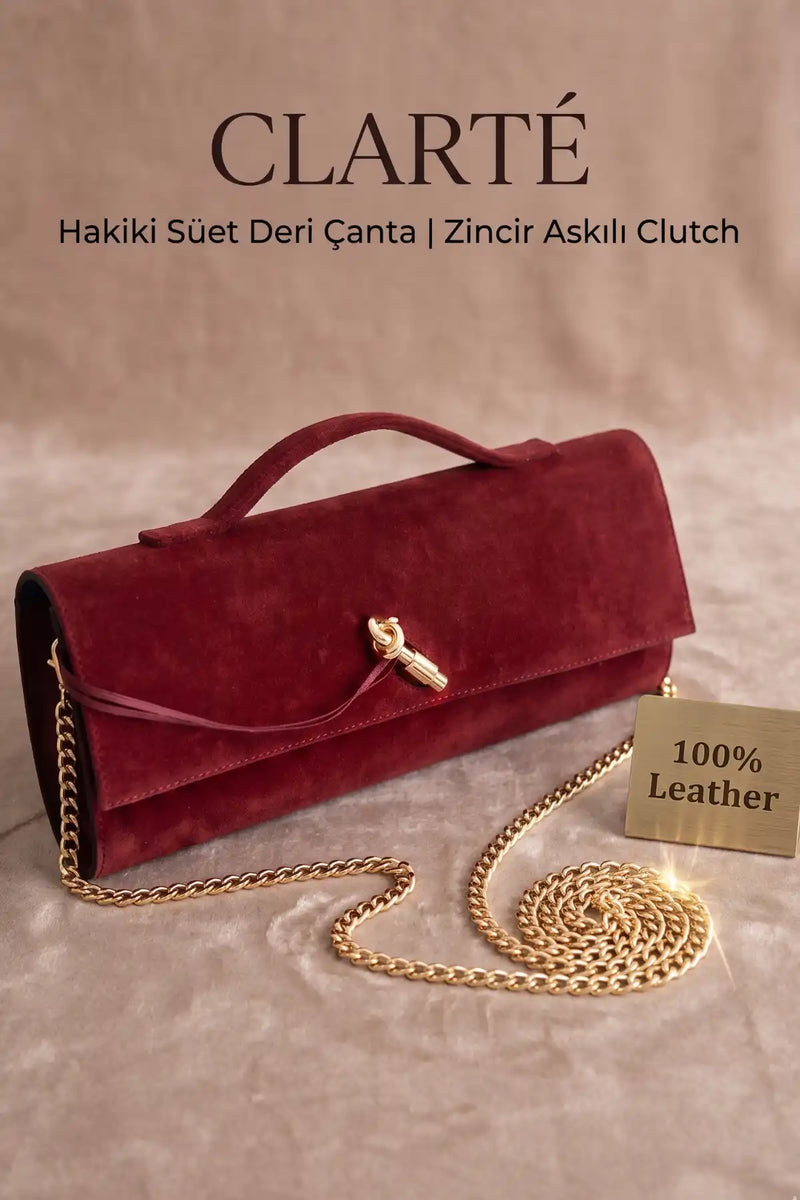 Clarté | Hakiki Süet Deri Çanta | Zincir Askılı Clutch | Taba