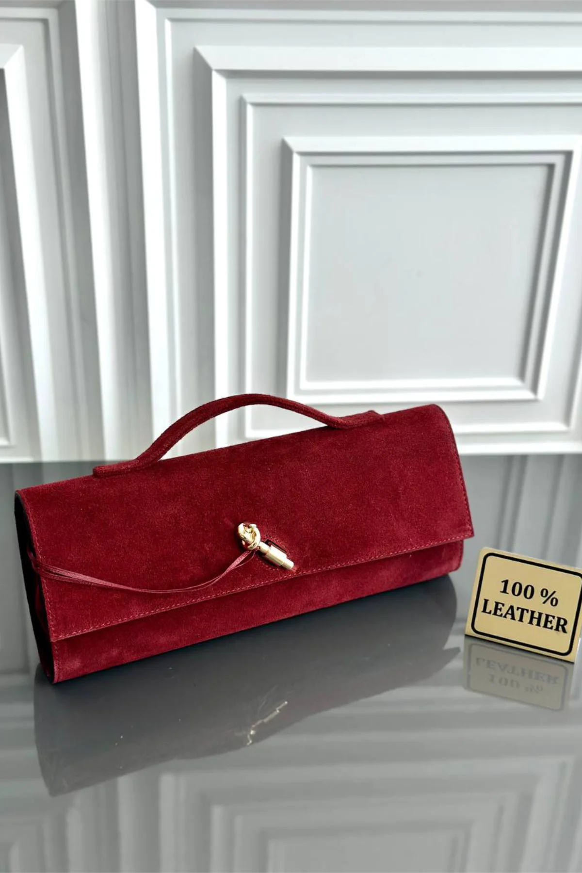 Clarté | Hakiki Süet Deri Çanta | Zincir Askılı Clutch | Bordo