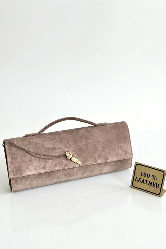 Clarté | Hakiki Süet Deri Çanta | Zincir Askılı Clutch | Vizon