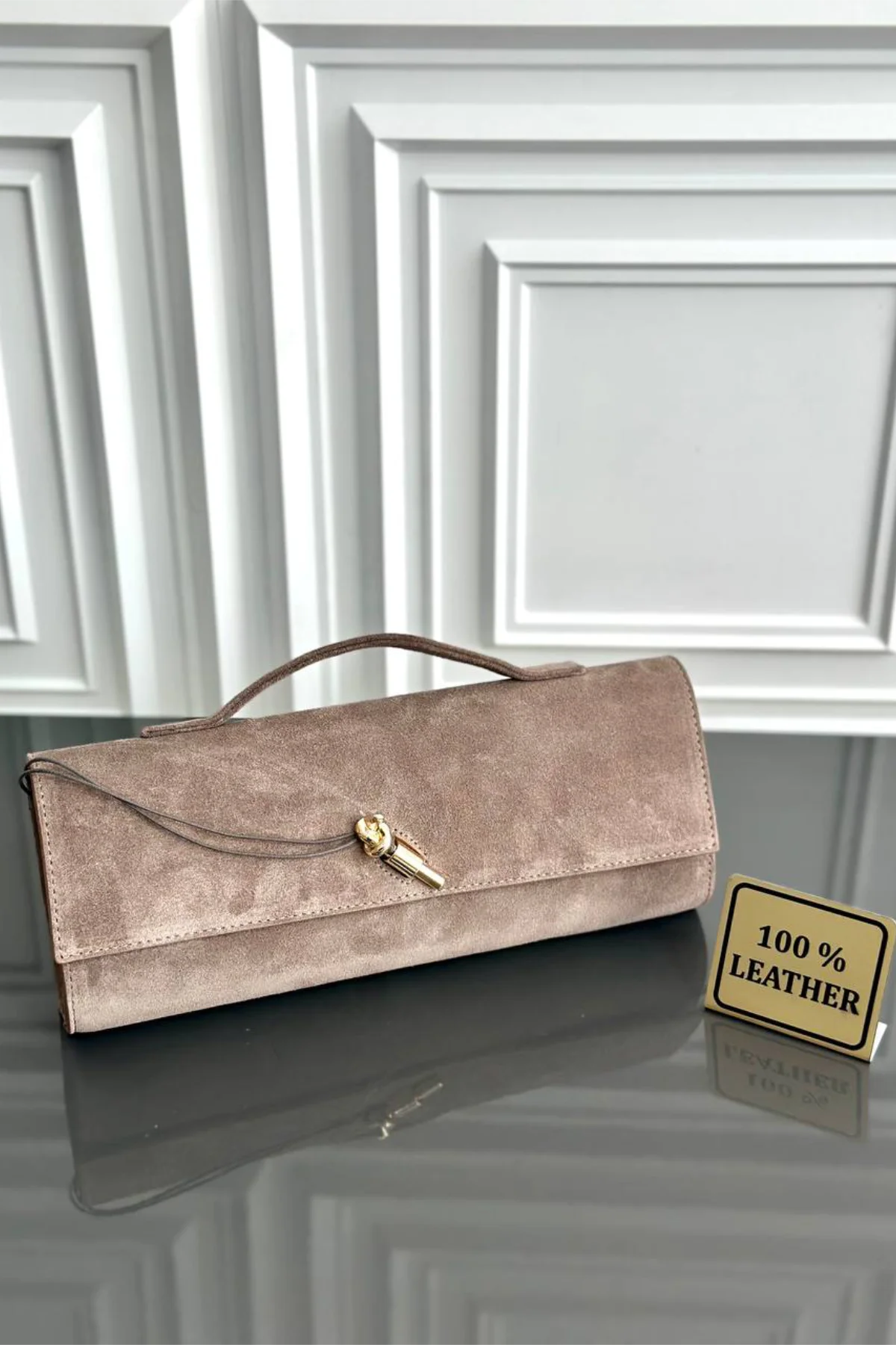 Clarté | Hakiki Süet Deri Çanta | Zincir Askılı Clutch | Vizon