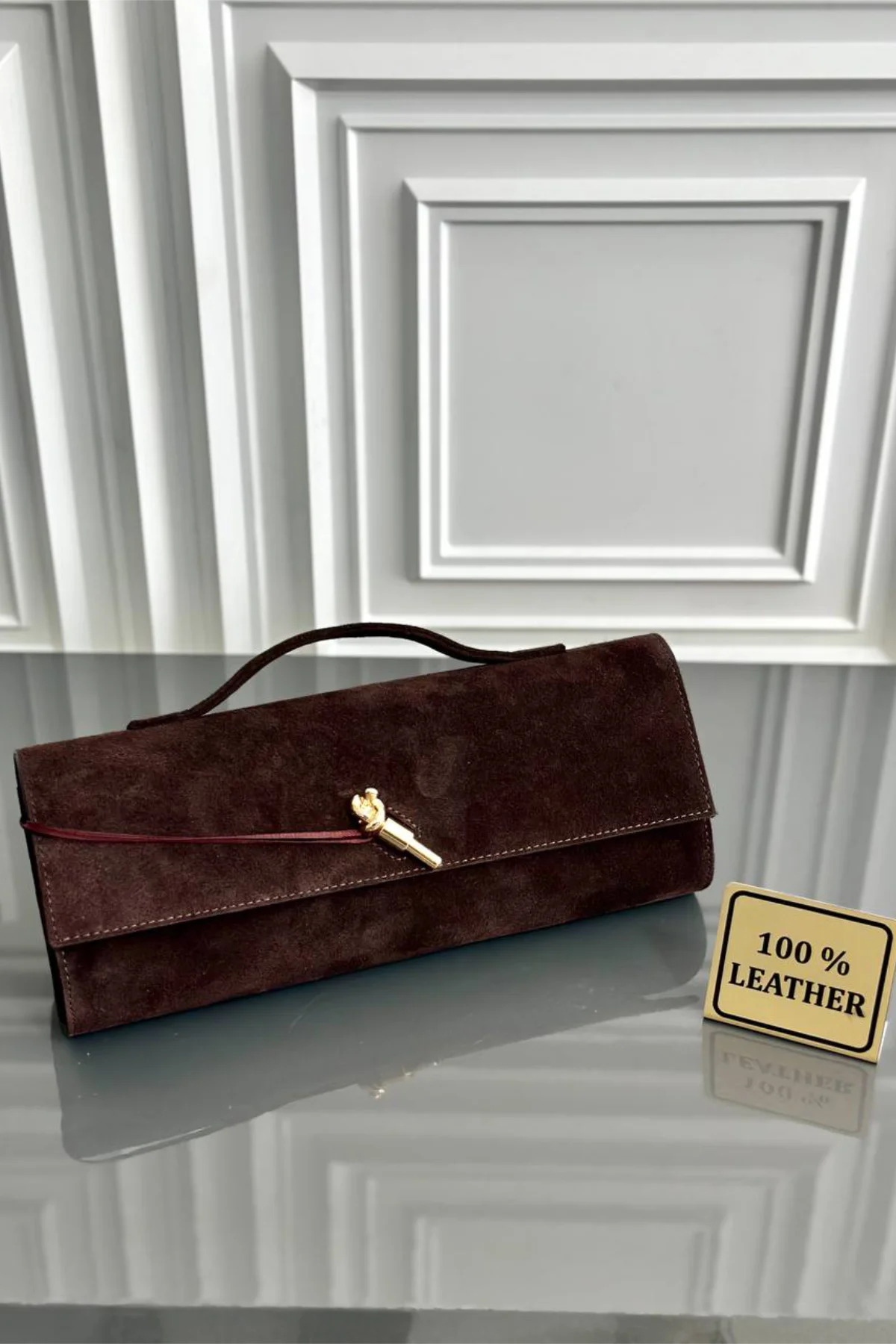 Clarté | Hakiki Süet Deri Çanta | Zincir Askılı Clutch | Kahve