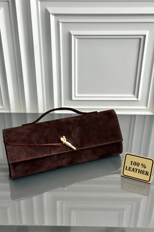 Clarté | Hakiki Süet Deri Çanta | Zincir Askılı Clutch | Kahve
