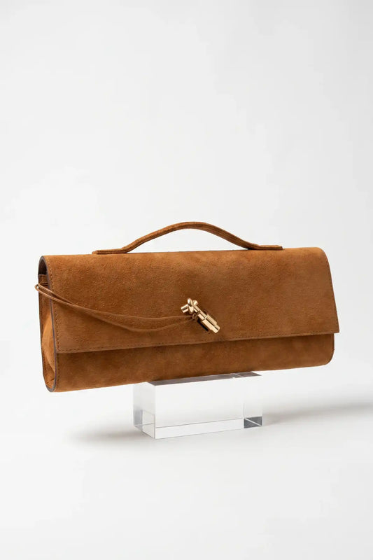 Clarté | Hakiki Süet Deri Çanta | Zincir Askılı Clutch | Taba