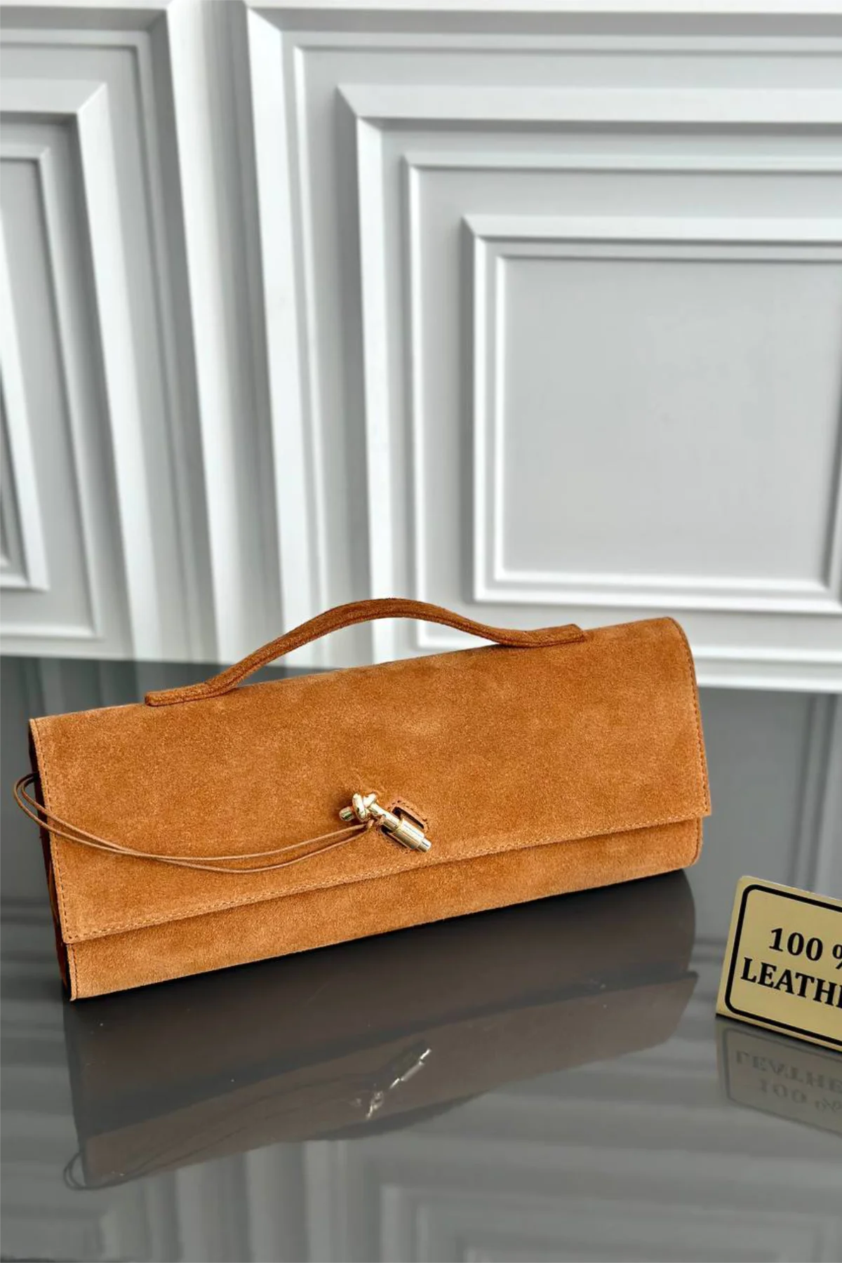 Clarté | Hakiki Süet Deri Çanta | Zincir Askılı Clutch | Taba
