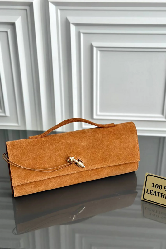 Clarté | Hakiki Süet Deri Çanta | Zincir Askılı Clutch | Taba