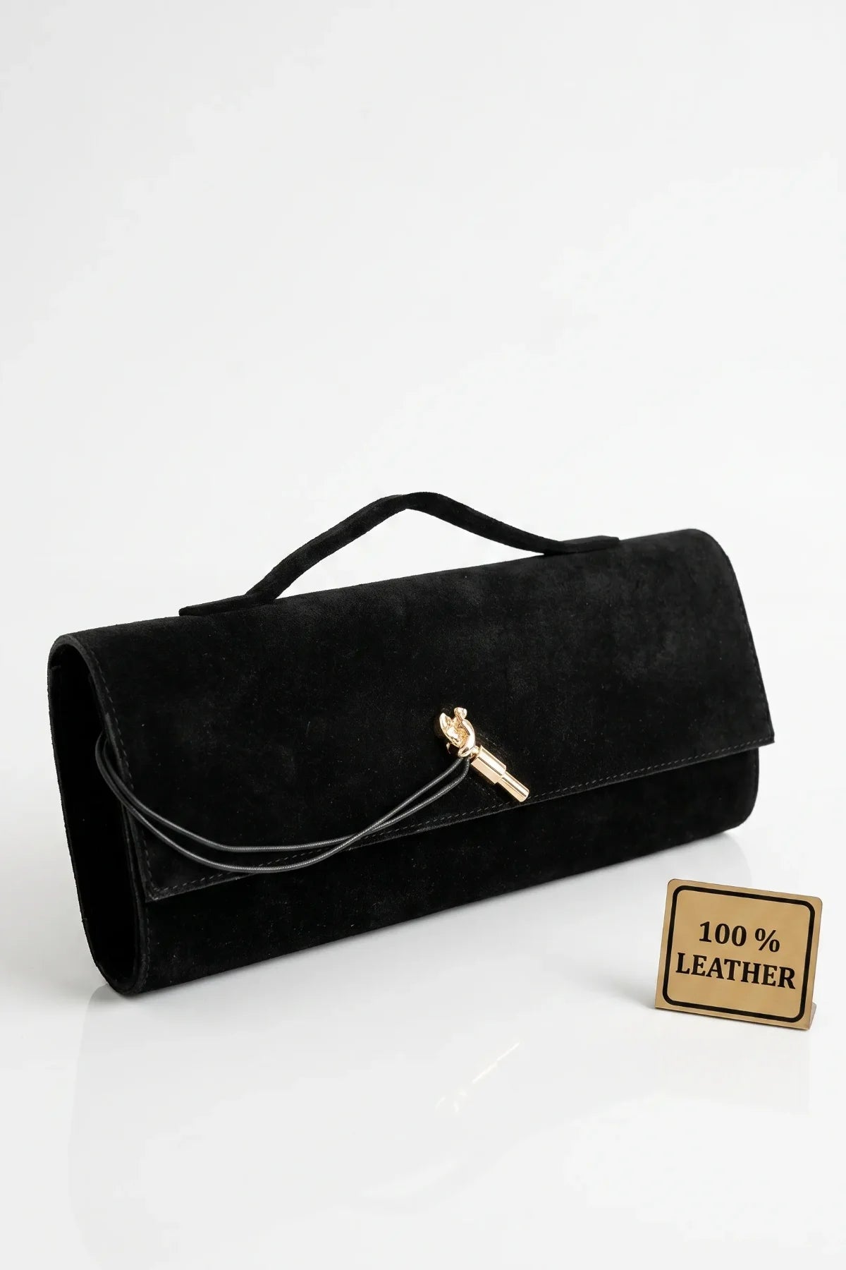 Clarté | Hakiki Süet Deri Çanta | Zincir Askılı Clutch | Siyah