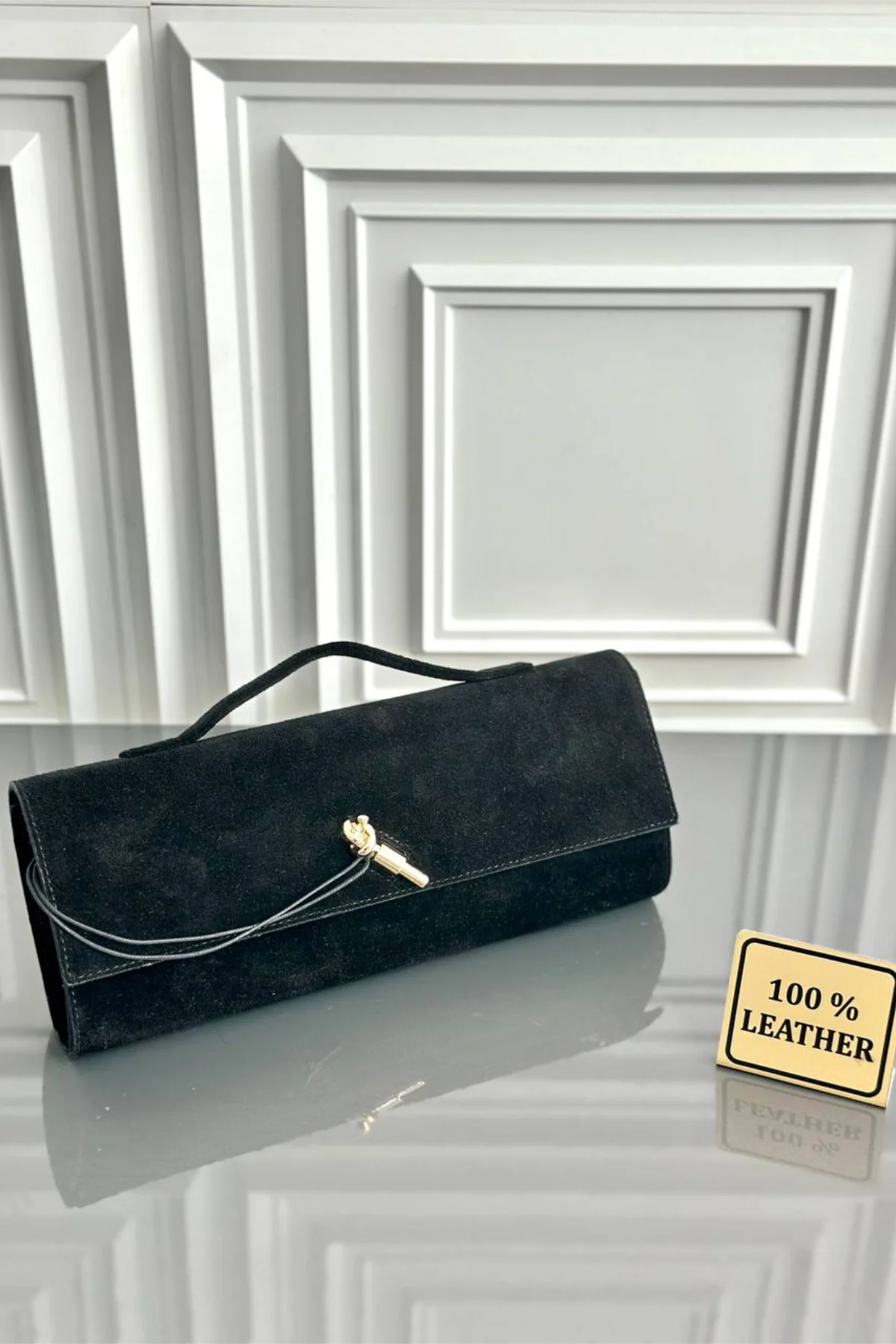 Clarté | Hakiki Süet Deri Çanta | Zincir Askılı Clutch | Siyah