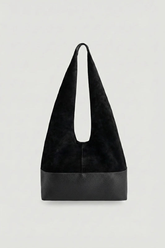 Siyah süet ve deri detaylı ÈCLA omuz çantası önden görünümü