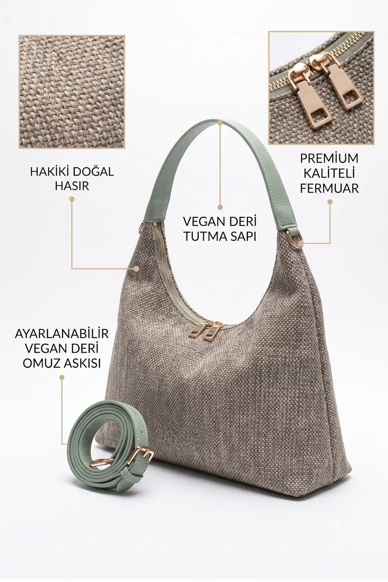 Soleil | Premium Hasır Kadın Çantası | Su Yeşili