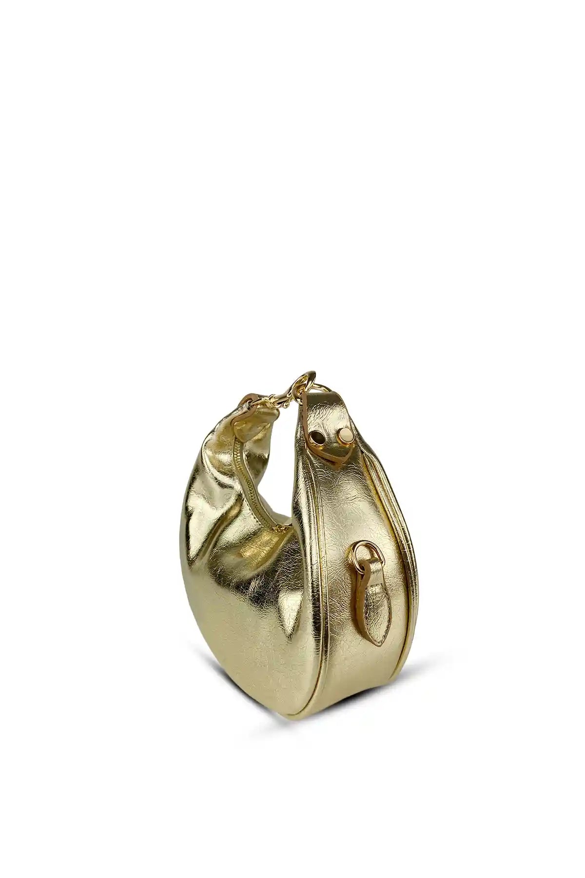 AURA – Metalik Altın Oval Formlu Omuz Çantası