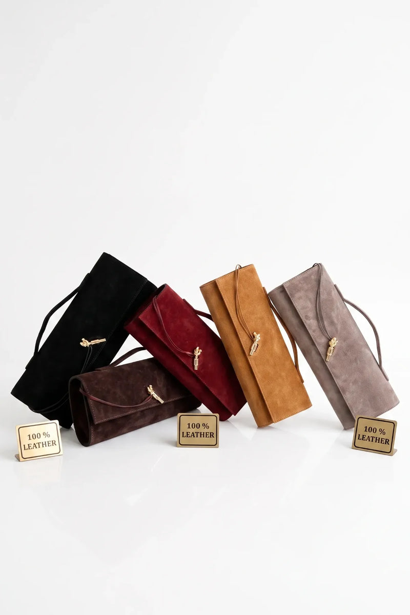 Clarté | Hakiki Süet Deri Çanta | Zincir Askılı Clutch | Bordo