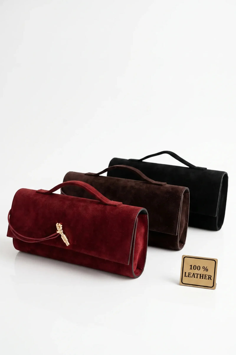 Clarté | Hakiki Süet Deri Çanta | Zincir Askılı Clutch | Kahve