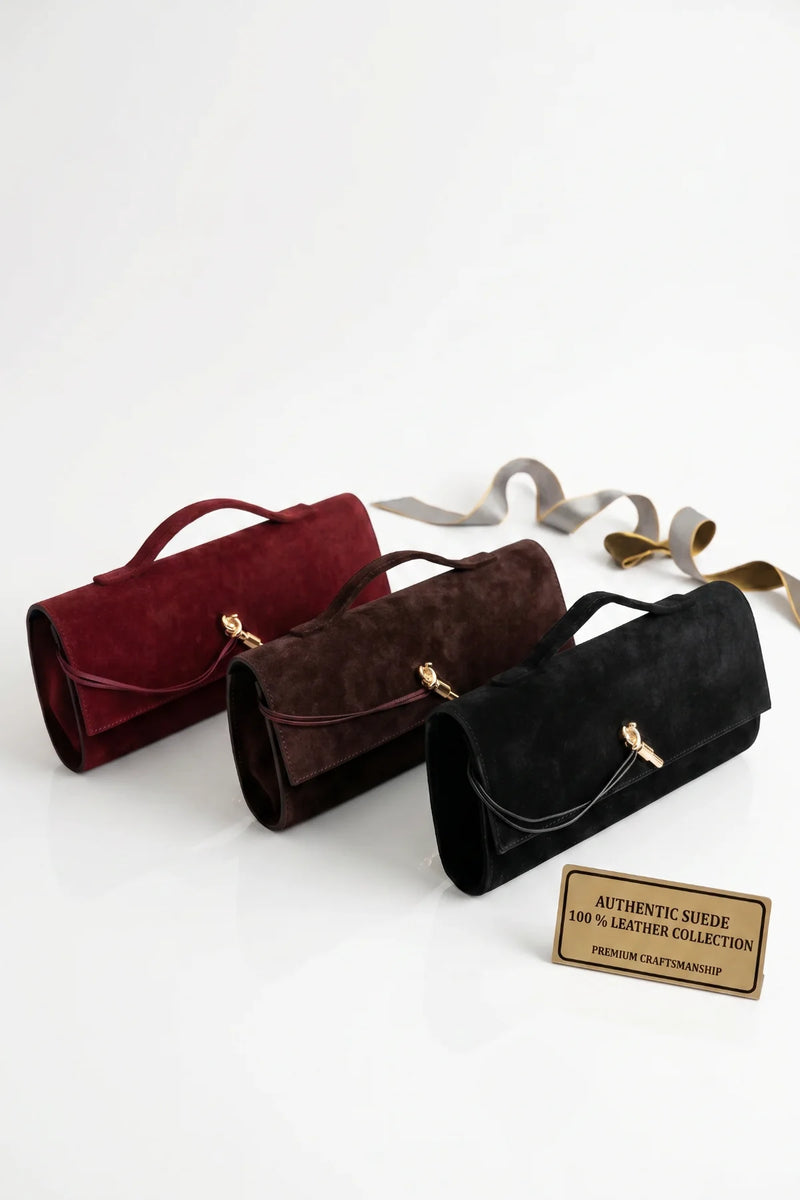 Clarté | Hakiki Süet Deri Çanta | Zincir Askılı Clutch | Kahve