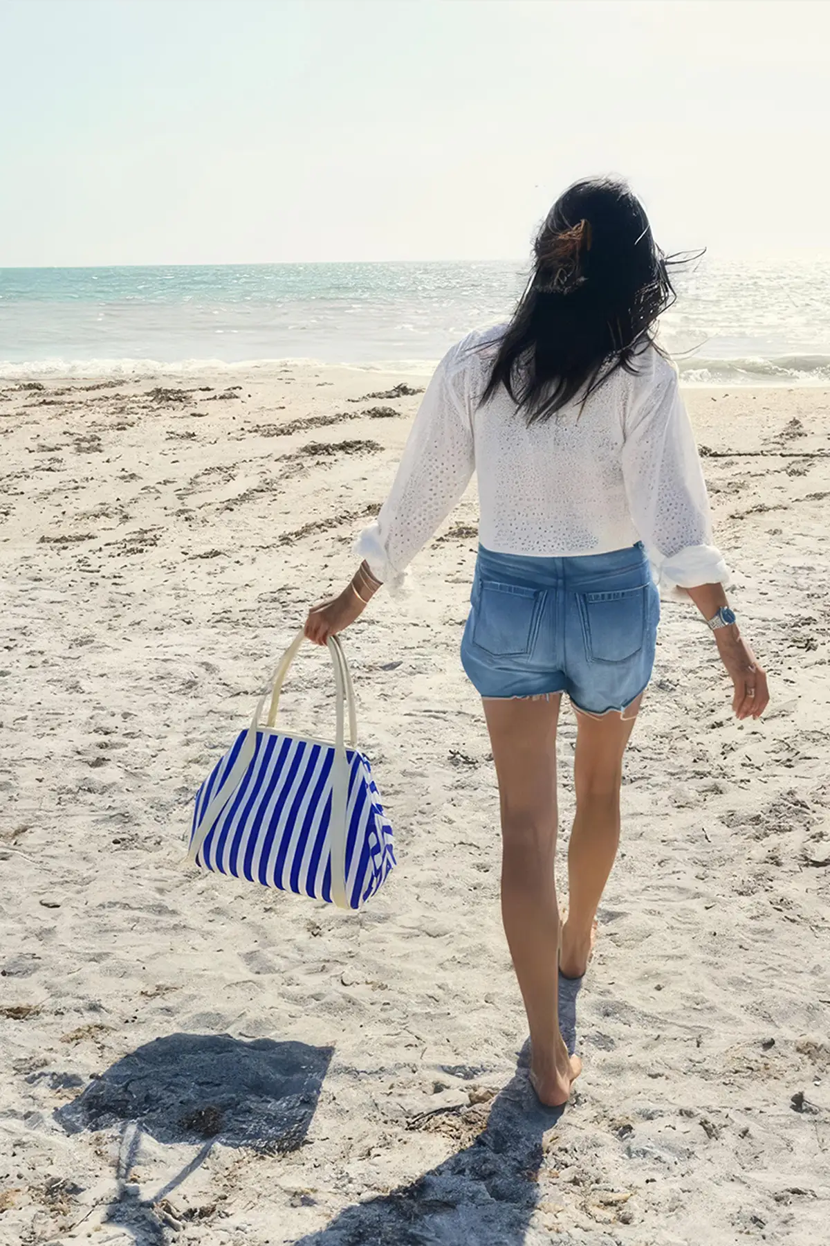 Riga Mavi-Beyaz Çizgili Büyük Omuz Çantası