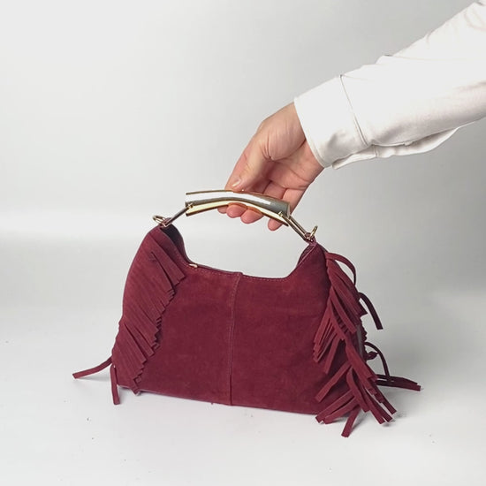 bordo püsküllü kadın çantası