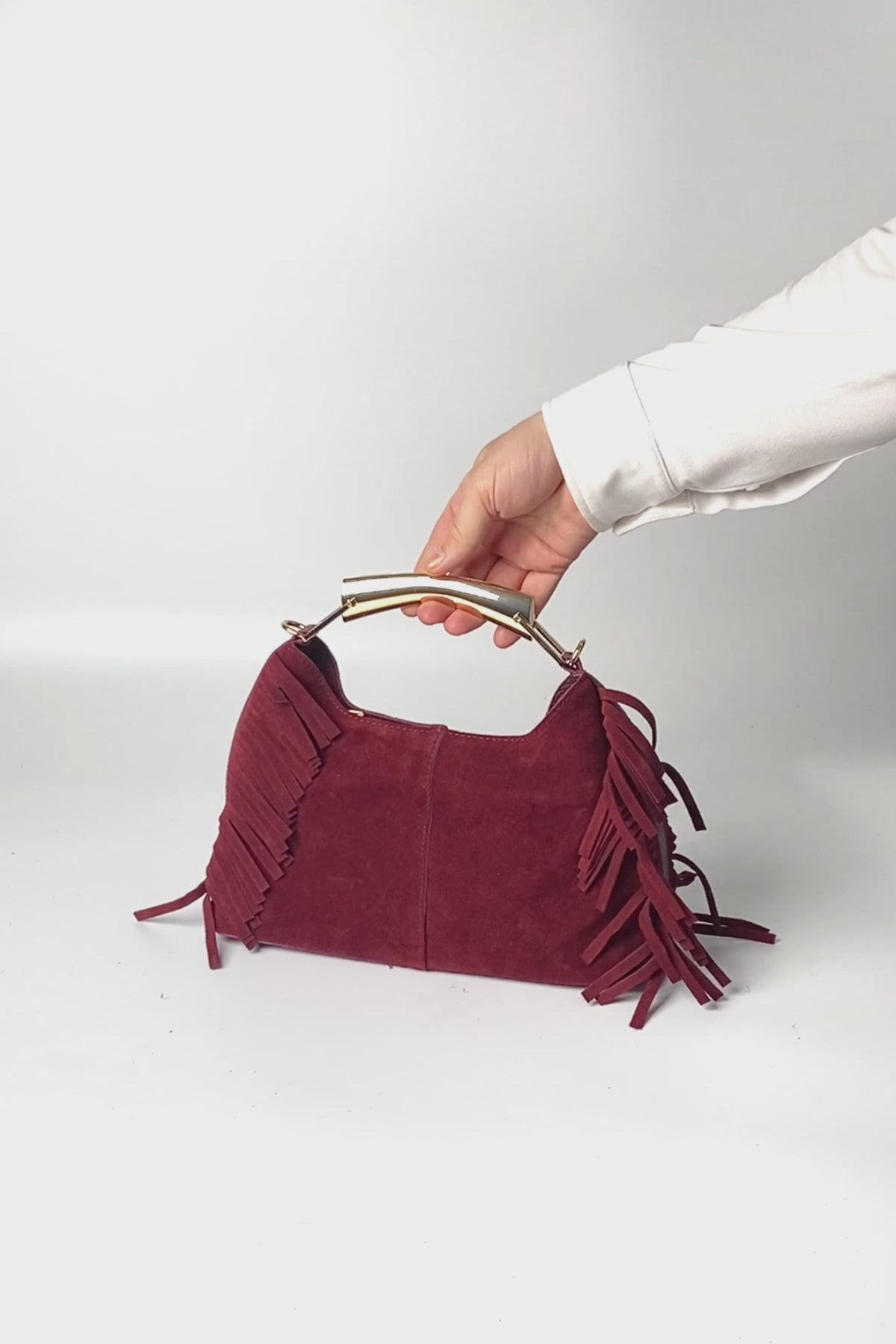 bordo püsküllü kadın çantası